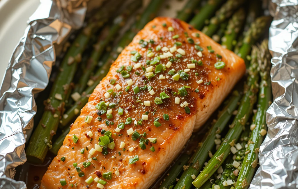 Baked salmon in foil with asparagus